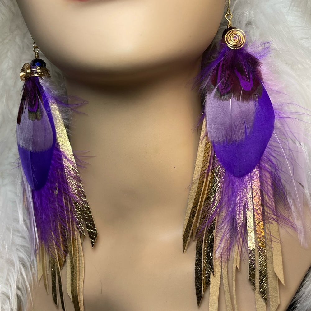 Gold Foiled Genuine Leather Fringe Purple Feather Earrings - Picture 9 of 15